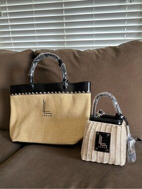 Loulu Straw Tote & Mini Basket Bag Set in Natural and Black